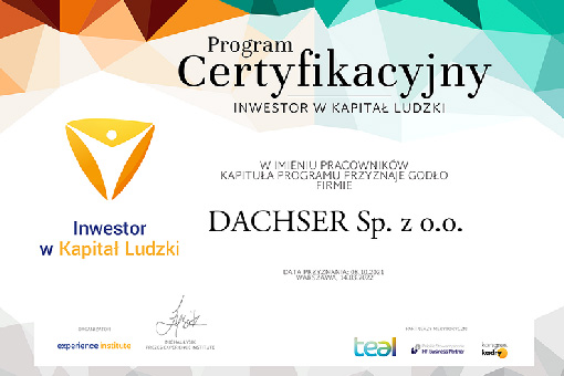 Dachser Polska wyróżniony tytułem „Inwestor w Kapitał Ludzki”